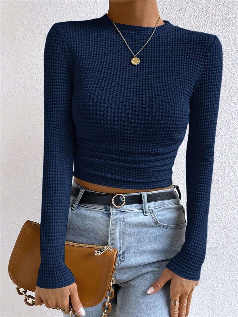 Fitted Checkered Long Sleeve Ruffle T-shirt Women N6C323