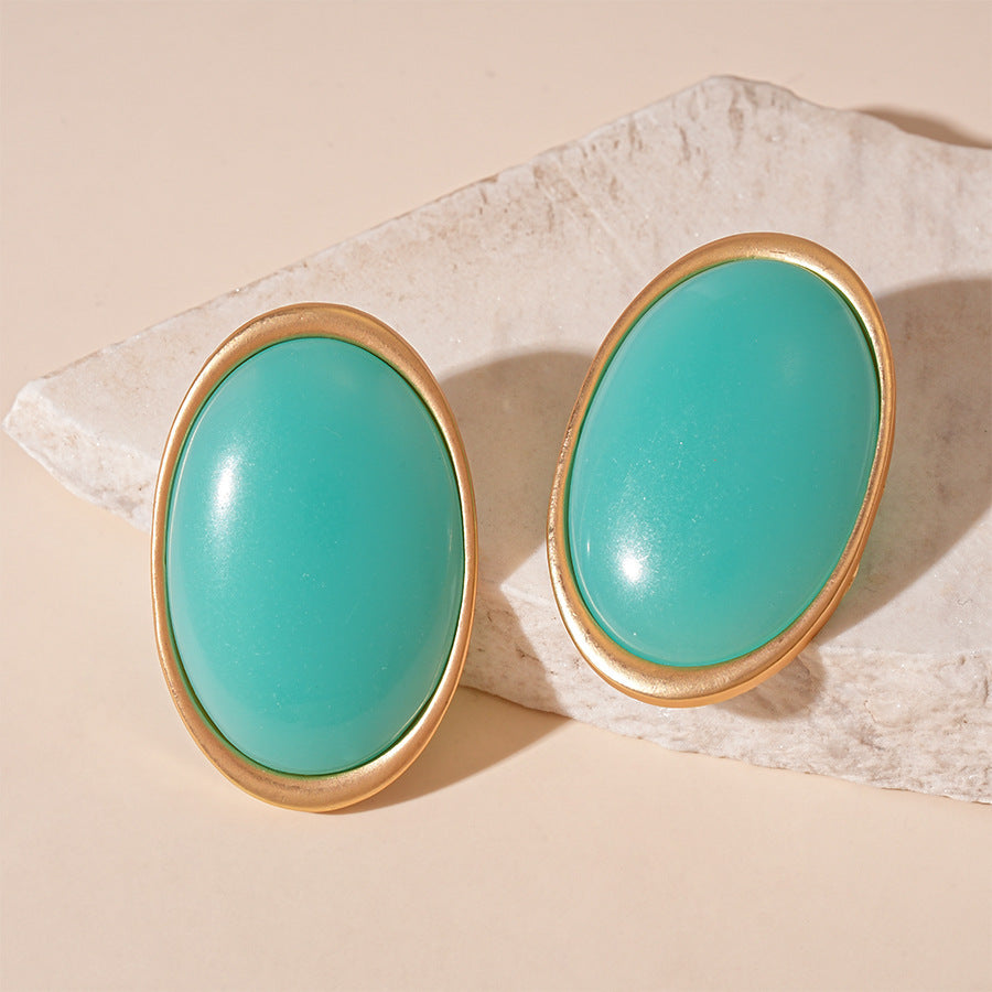 Vintage Resin Oval Geometric Silver Stud Earrings N6H089