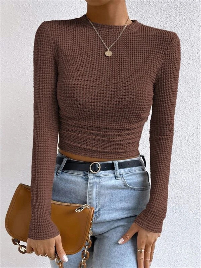 Fitted Checkered Long Sleeve Ruffle T-shirt Women N6C323