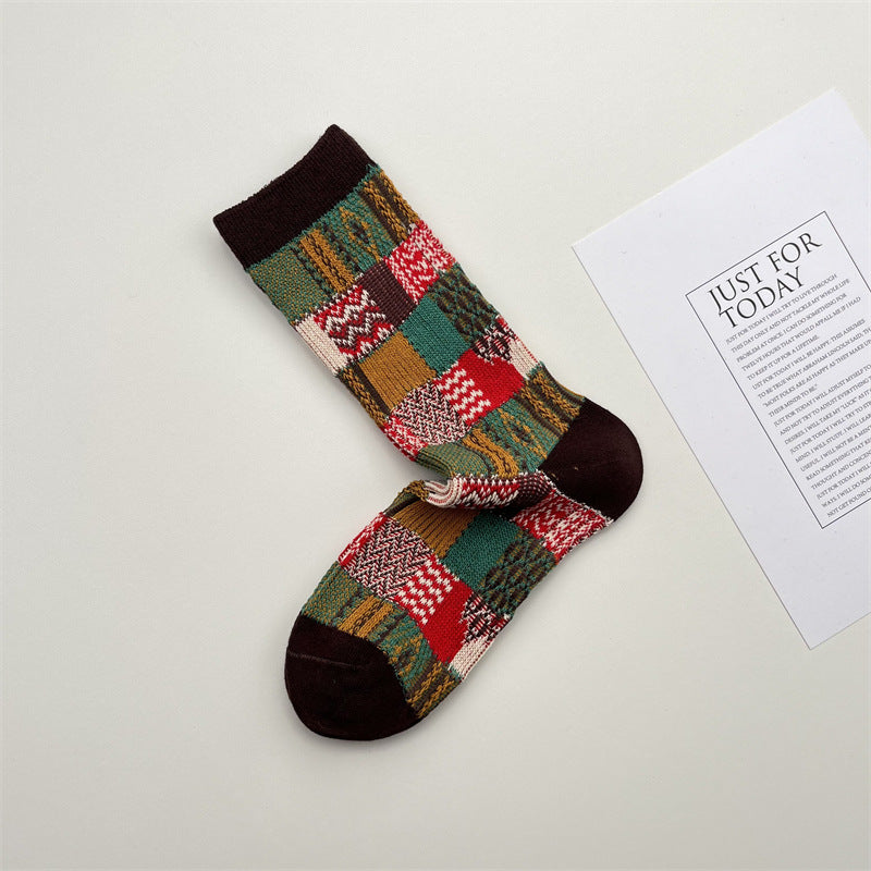 Color Block Plaid Socks Women Mid Calf Retro Check M5A016