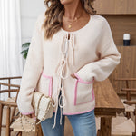 Load image into Gallery viewer, Contrast Bow V Cardigan Mid Weight Off White N5Z826
