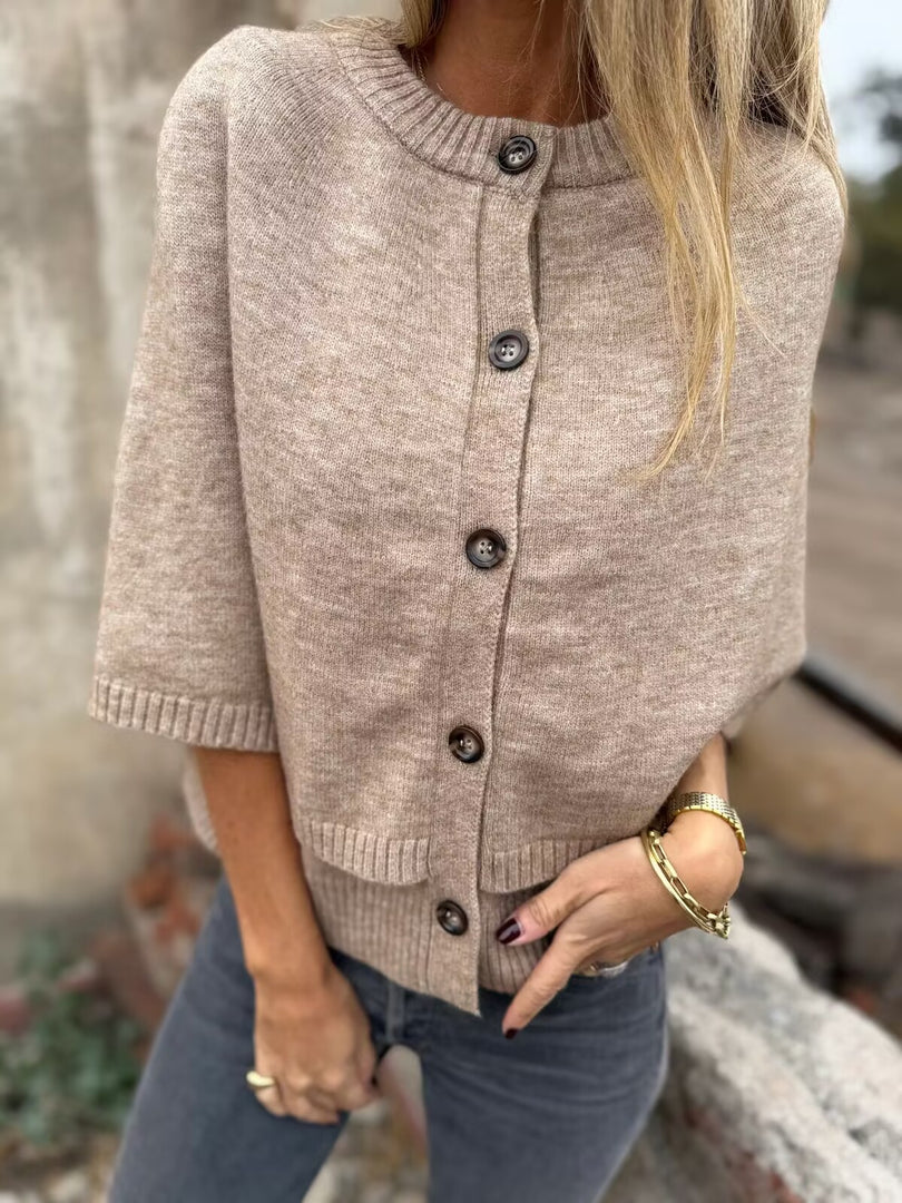 Cape Knit Cardigan Round Neck 3/4 Sleeve Ruffle Hem N6G284