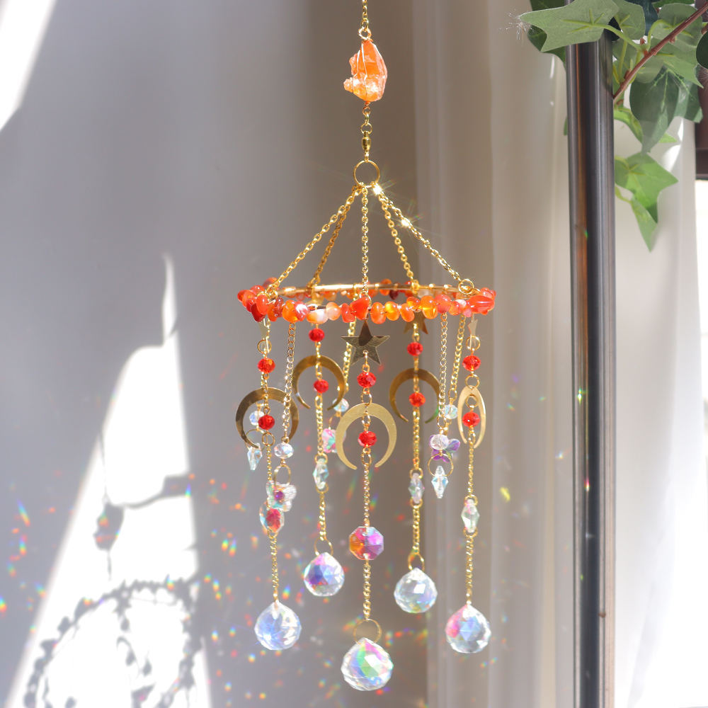 Raw Crystal Rotating Wind Chime Star Moon Sun Catcher N6F292