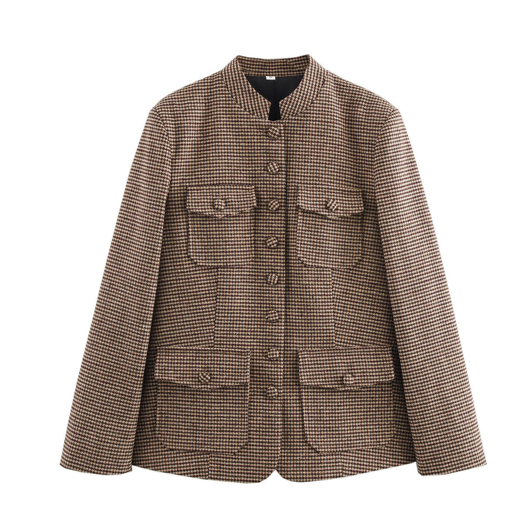 Houndstooth Shirt Jacket Women Dark Brown Long Sleeve N5A734