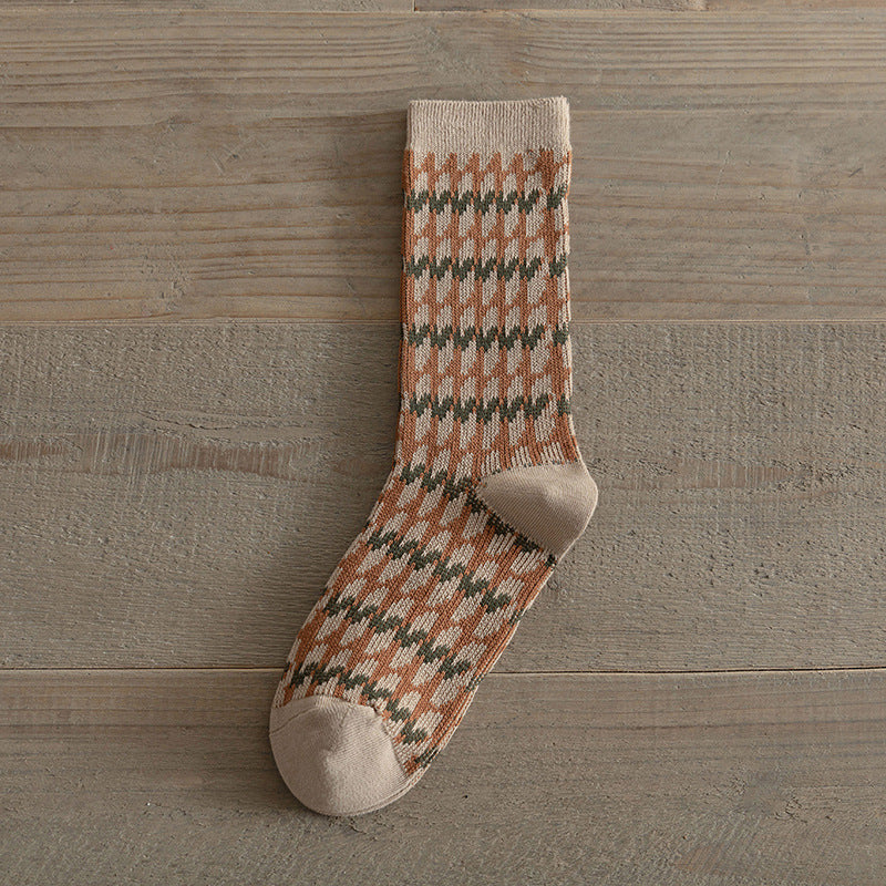 Vintage Double Needle Mid-Calf Socks Warm Cotton N6H028