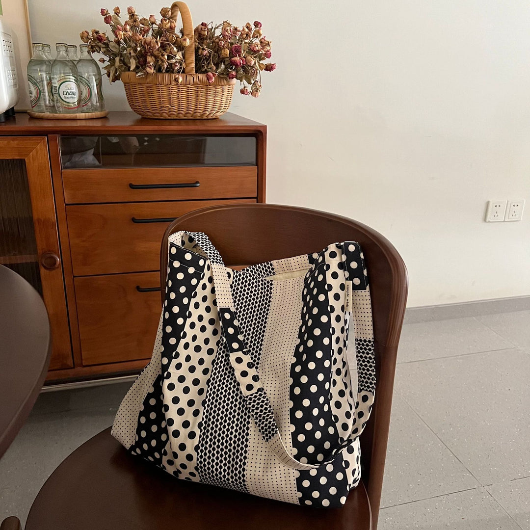 Black White Polka Dot Canvas Tote Bag Shoulder Crossbody N6F182