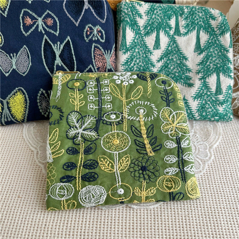 Embroidered Cotton Square Pouch L-Zipper Organizer S5P286