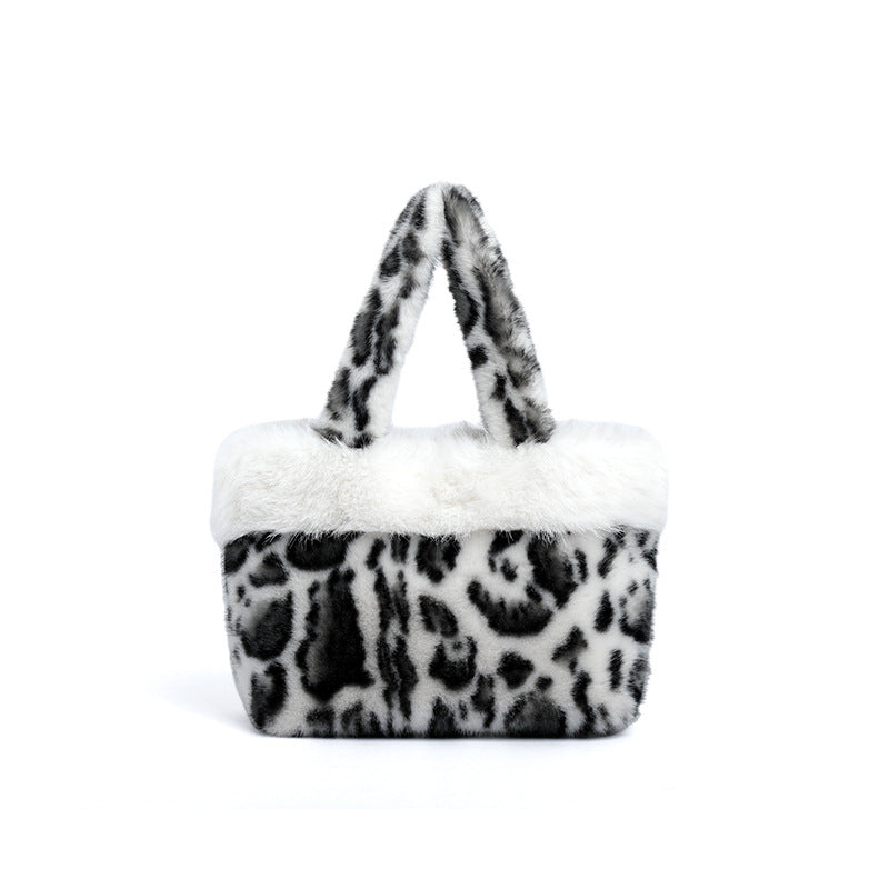 Women's Plush Leopard Print Bucket Handbag N6J174