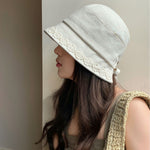 Load image into Gallery viewer, Lace Trim Linen Blend Bucket Hat Women N6C389