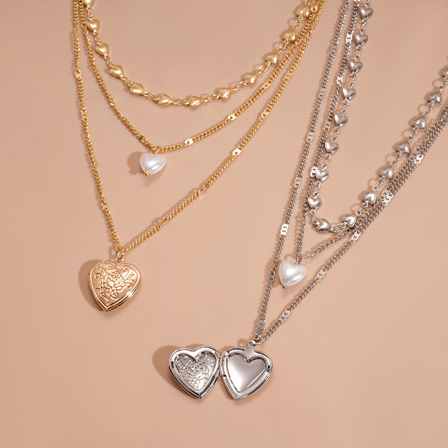 Vintage Faux Pearl Heart Layered Sweater Chain Women N6H149