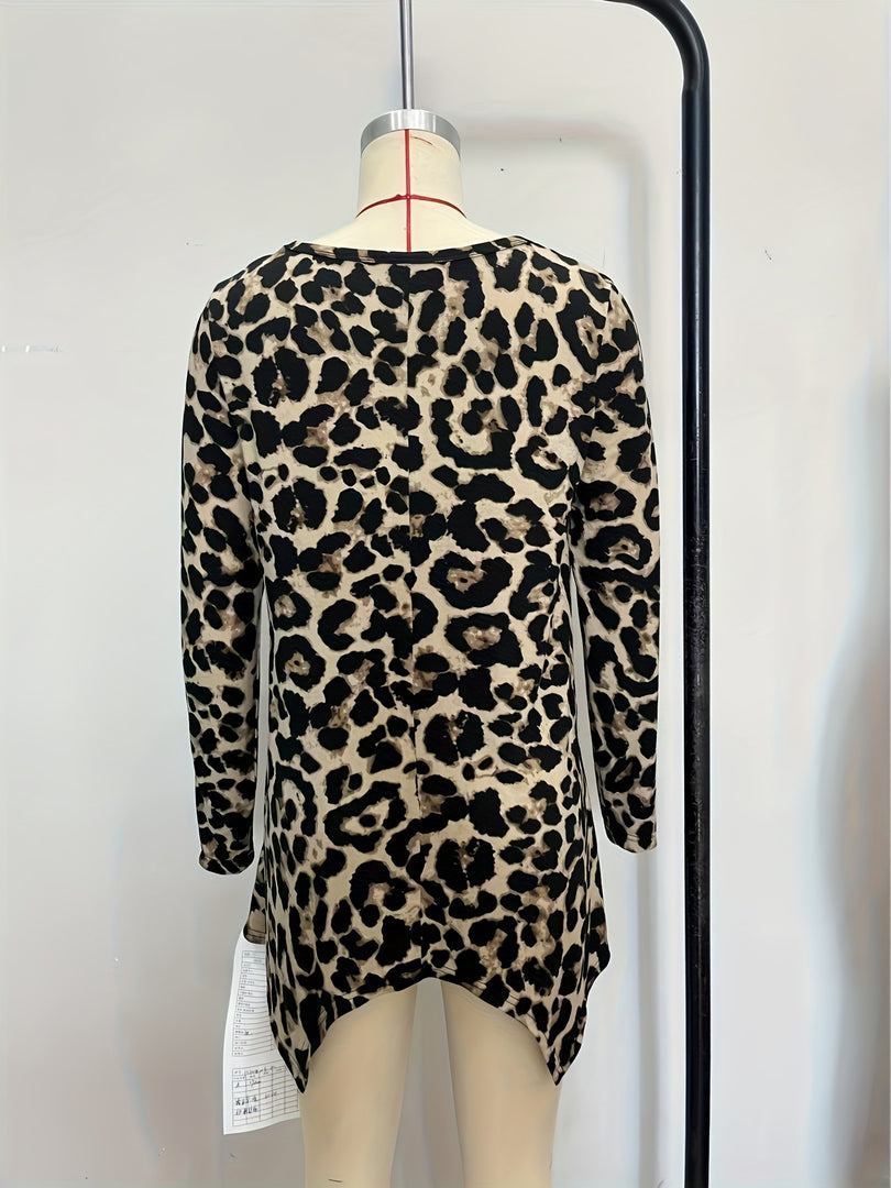 Leopard Print Knit Top Asymmetric Hem Loose Fit  N6G289