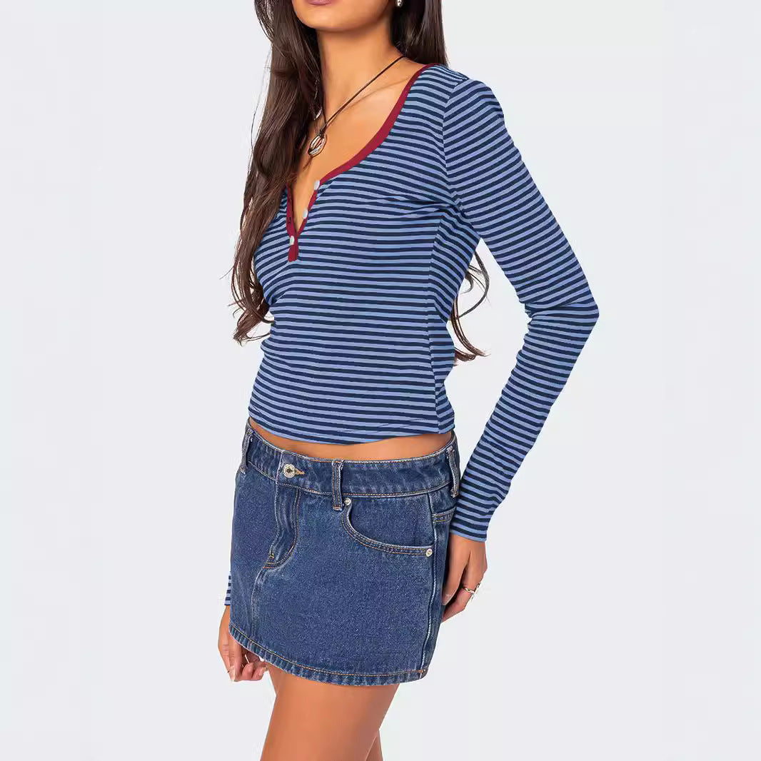 StripedButton Knit T-Shirt MidLight Blue N5A160