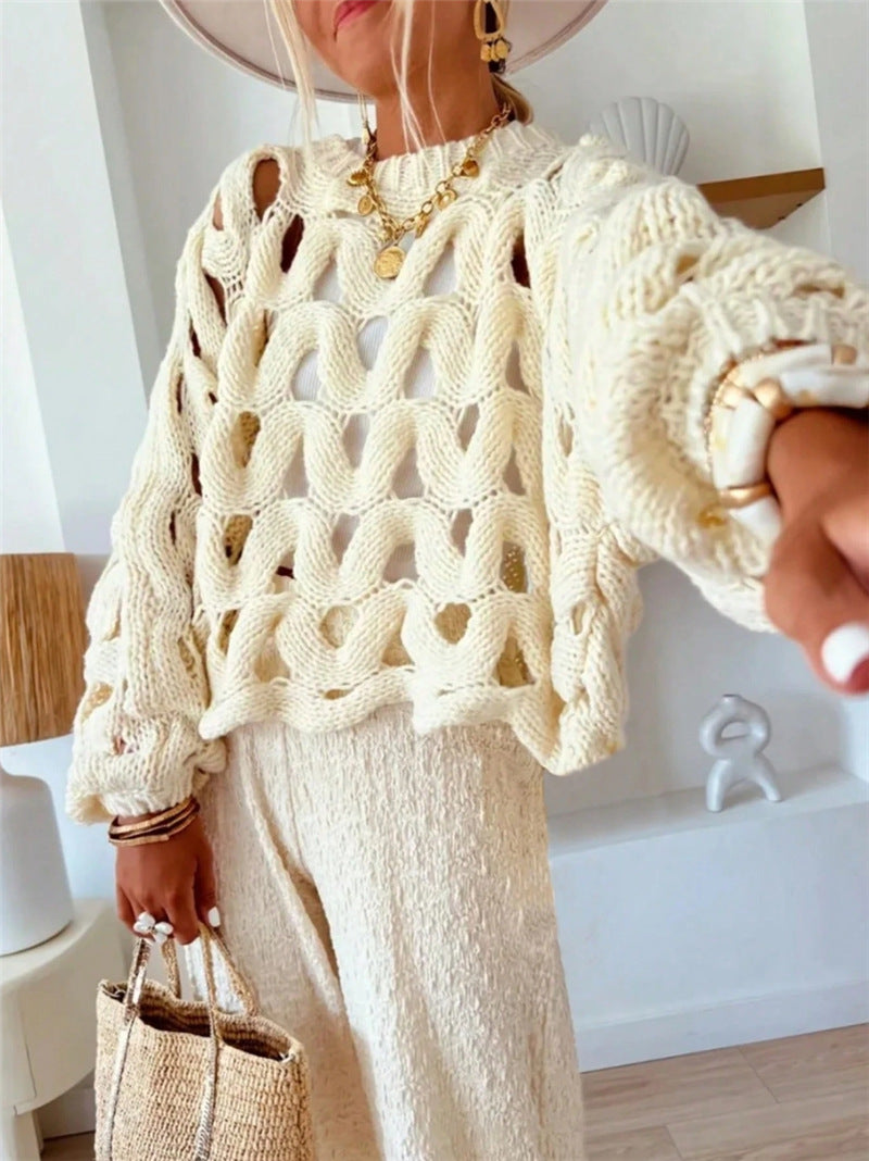 Beach Vacation Openwork Crochet Long Sleeve Sweater N6C282