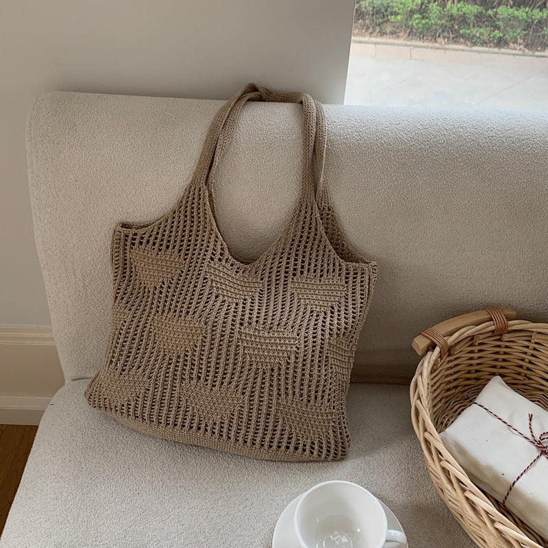 Vintage Knit Heart Mesh Tote Bag Women N6C068