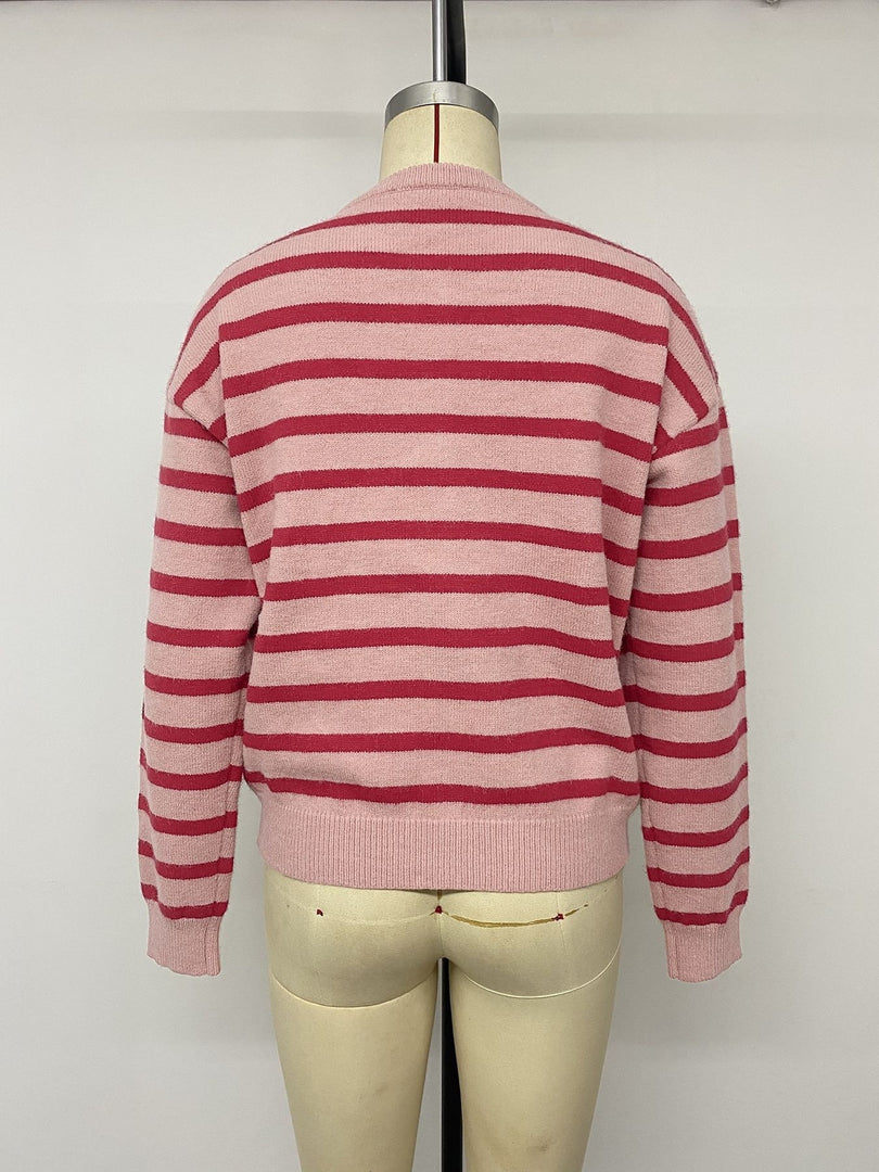 Casual Striped Round Neck Cardigan Sweater Women N6H298