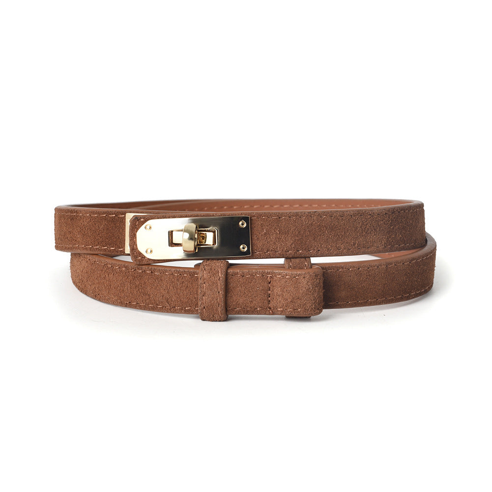 Matte Finish No-Hole Lock Buckle Genuine Leather Belt N6H324