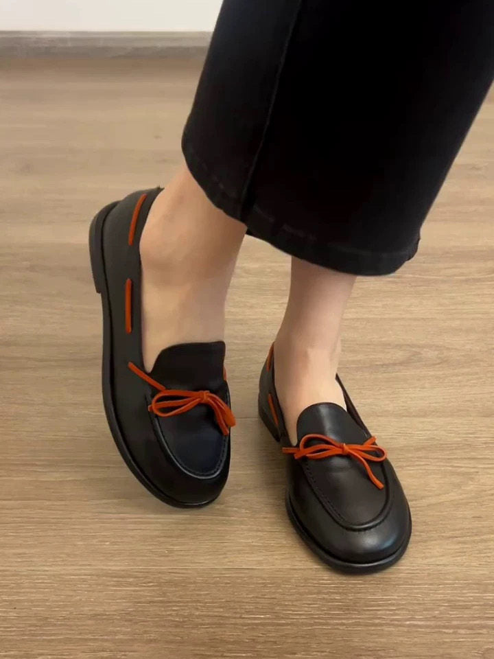 Retro Round Toe Flat Bow Slip-On Loafers Women N6C150