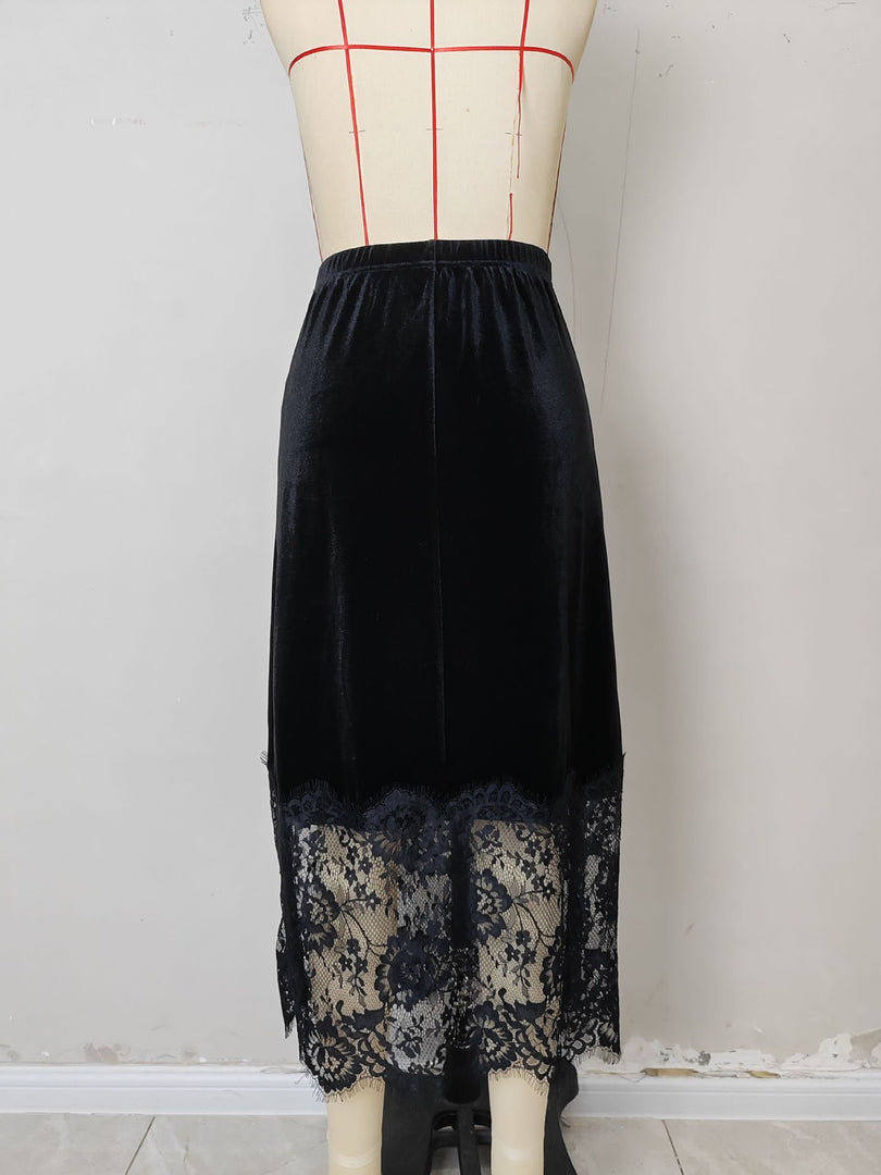 Velvet Lace High Waist Bodycon Midi Skirt Slit N6F195