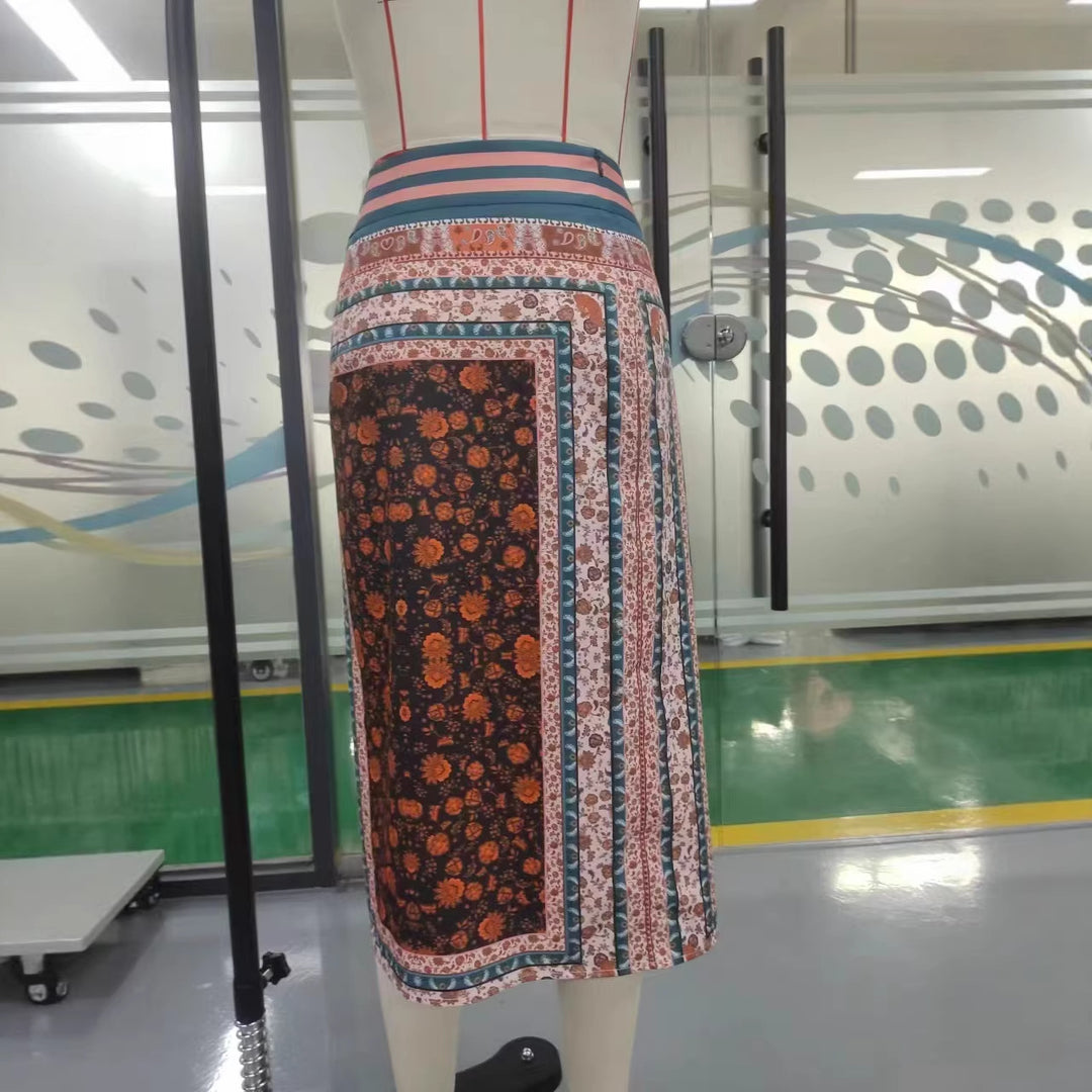Vintage Print High Waist A-Line Midi Skirt Slit N6F241