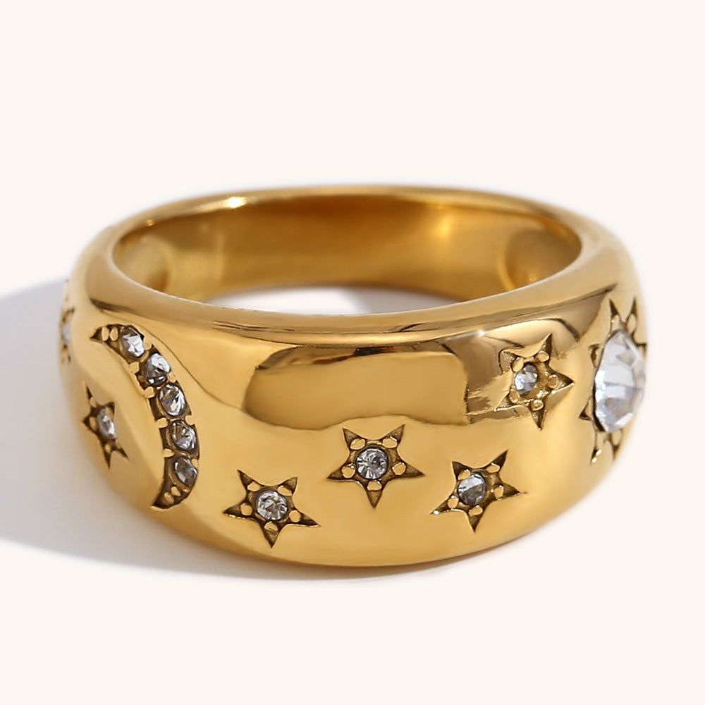 Star Moon Ring Steel White Crystal Microset  S5P248