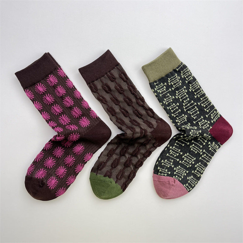 Embossed Geometric Cable Knit Mid Calf Socks M5A017