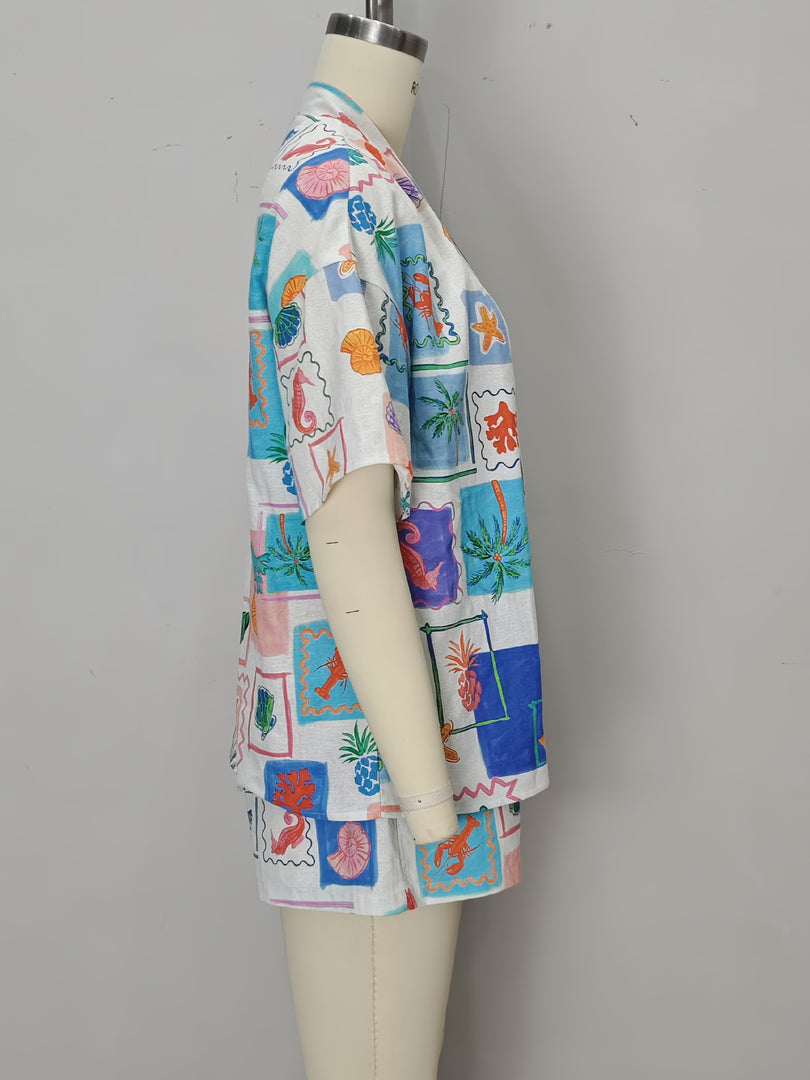Doodle Print Open Front Shirt and Shorts Set N6C260