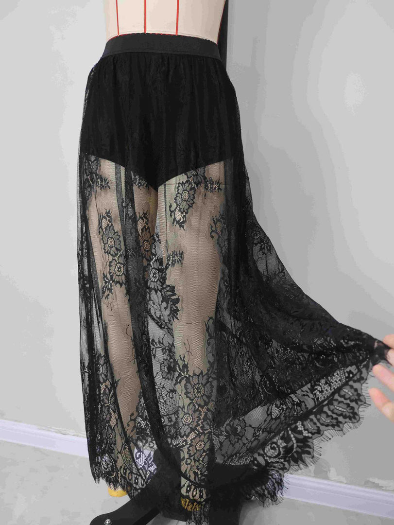 Dark Gothic Lace Sheer Maxi Skirt Women N6F242