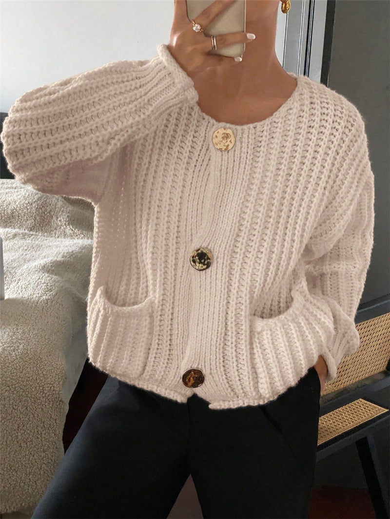 Round Neck 3-Button Pocket Cardigan French Style N6G288