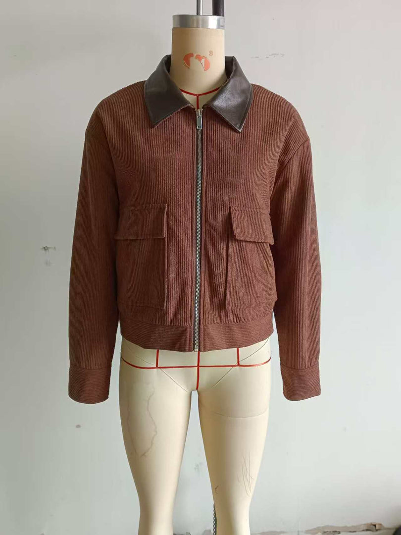 Corduroy Blend Leather Collar Jacket Women N6C138