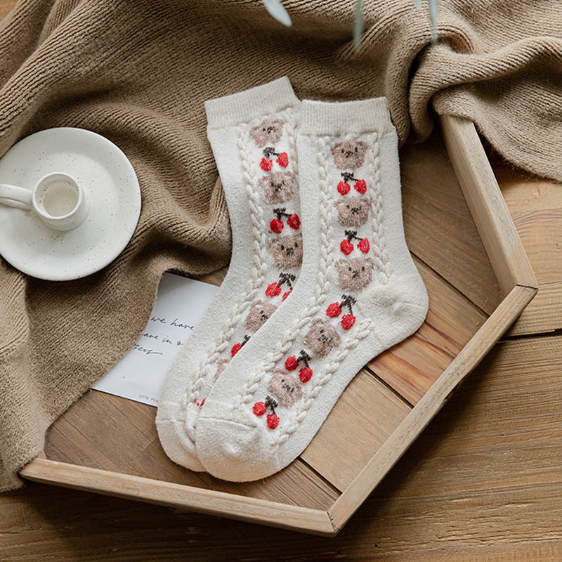 Thermal Wool Blend Mid Calf Socks Bear Pattern M5A041