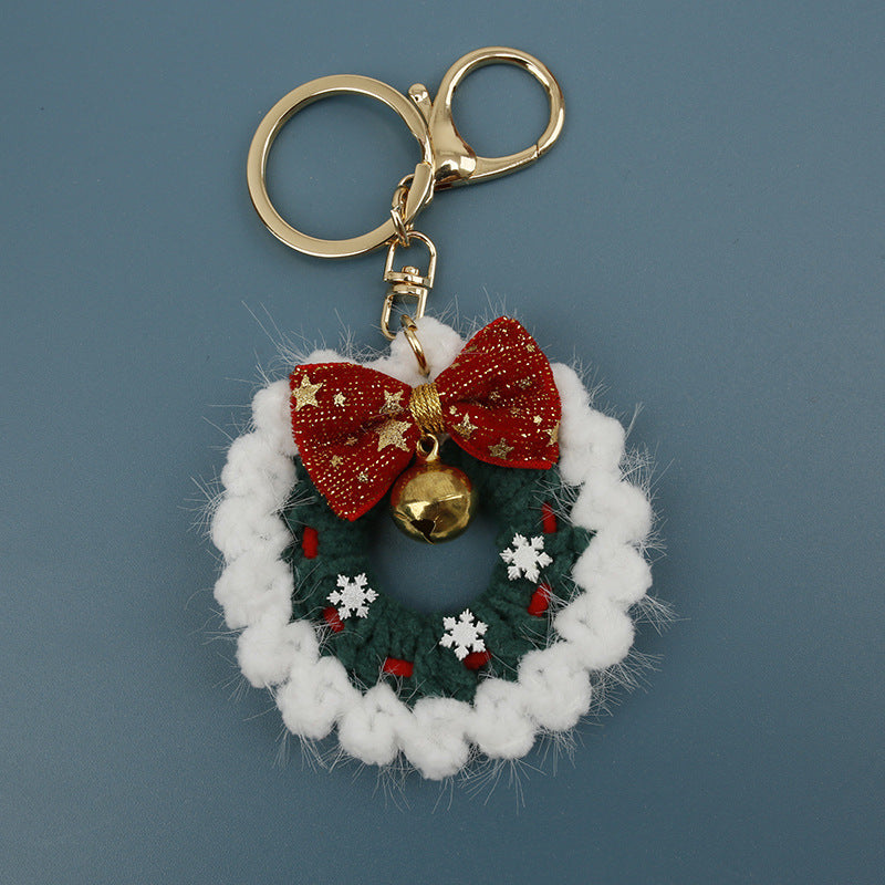 Hand Crocheted Velvet Christmas Wreath Bell Keychain N6K297