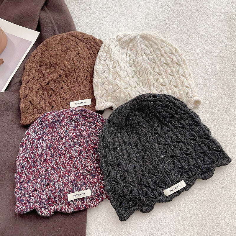 100% Wool Crochet Lace Hollow Knit Beanie Women N6H219