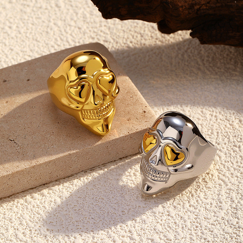 Skull Ring 18K Gold Steel Bold Design Statement Piece S5P012