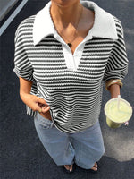 Load image into Gallery viewer, Stripe V-Neck Colorblock Drop Shoulder Polo Tee N6G285