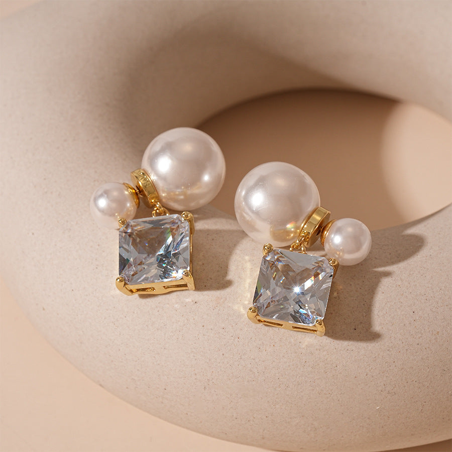 Zircon Pearl Square Stud Earrings Women N6H154