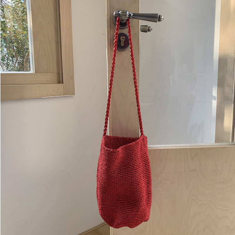 Metallic Woven Bucket Bag Stylish Shoulder Tote N6A083