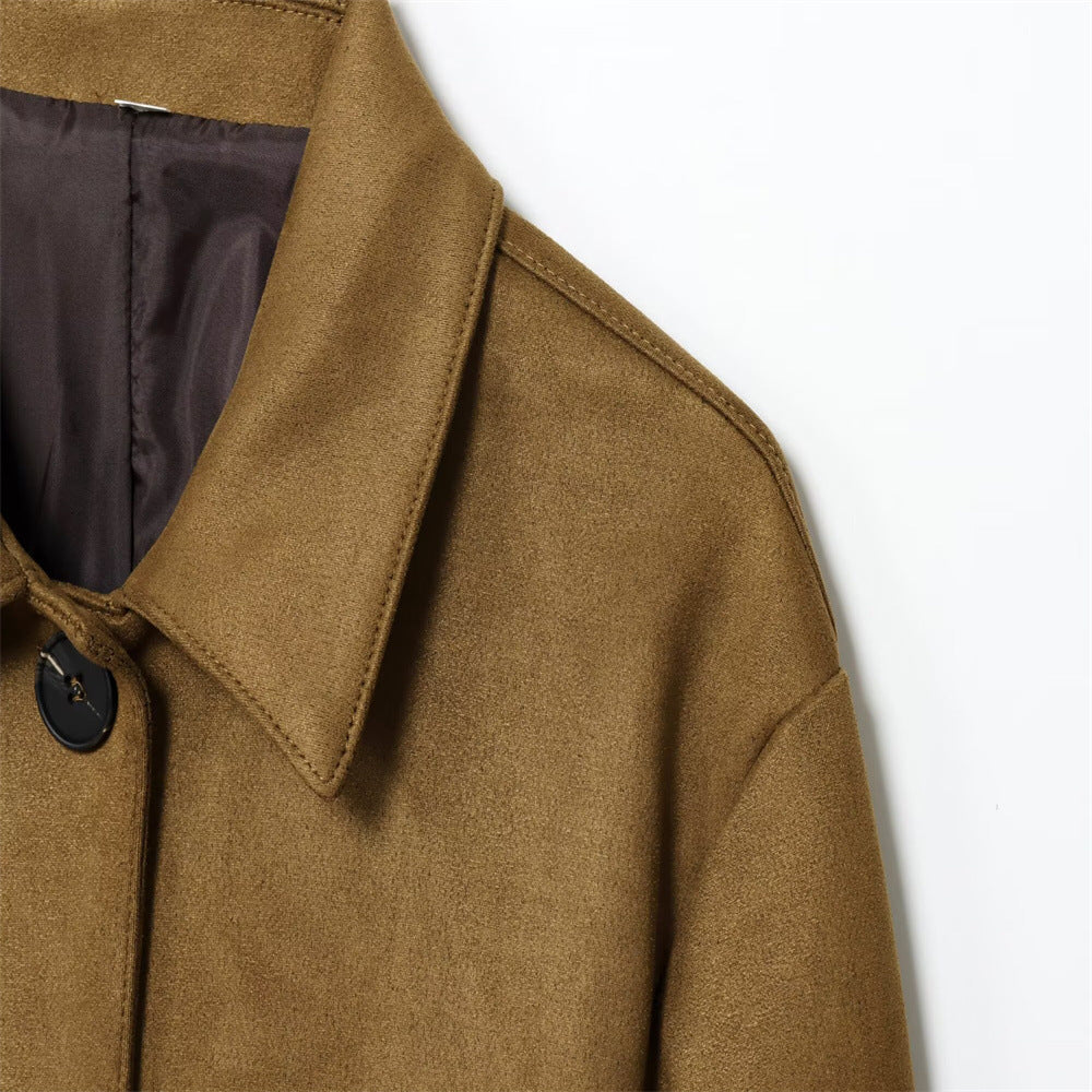 Loose Casual Suede Effect Jacket Women Khaki N5A400