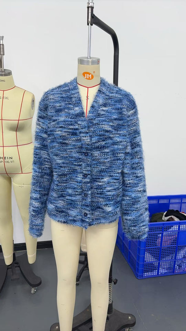 V Neck Plush Cardigan Women Retro Style Cotton N5A731