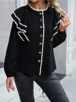 Load image into Gallery viewer, Black Puff Sleeve Lace Trim Blouse Women N6C261