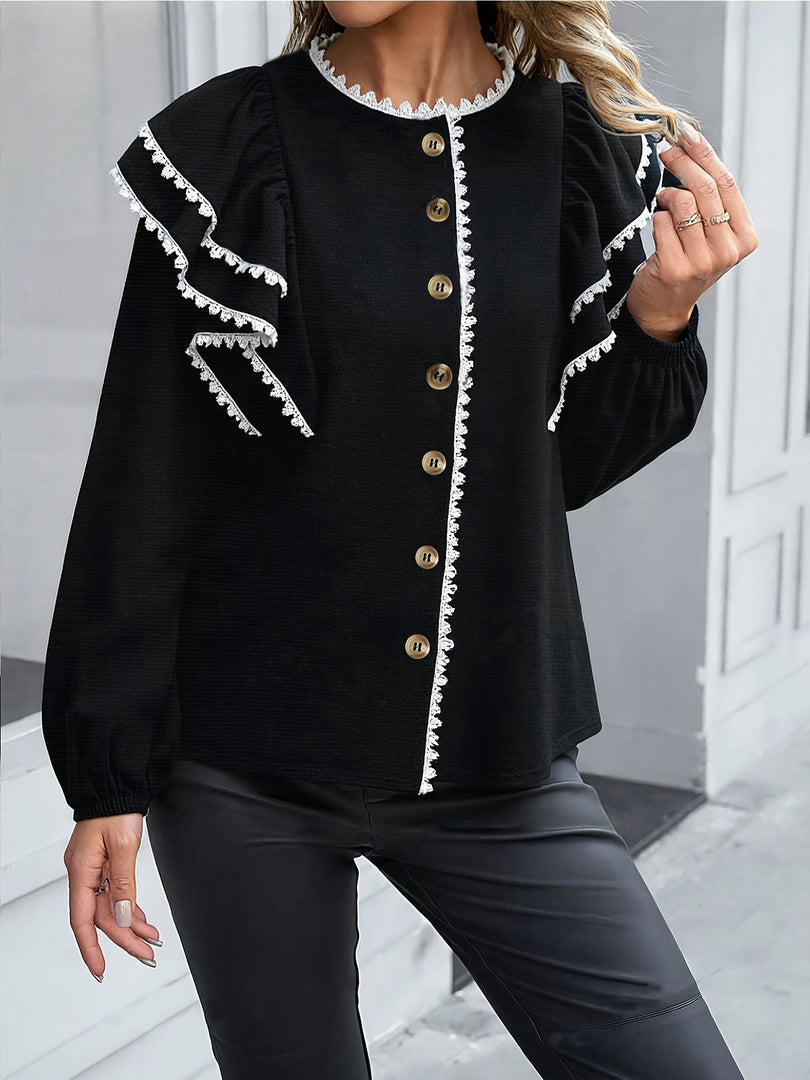 Black Puff Sleeve Lace Trim Blouse Women N6C261
