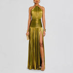 Load image into Gallery viewer, Womens Gold Metallic Halter Maxi Dress Backless N25A064
