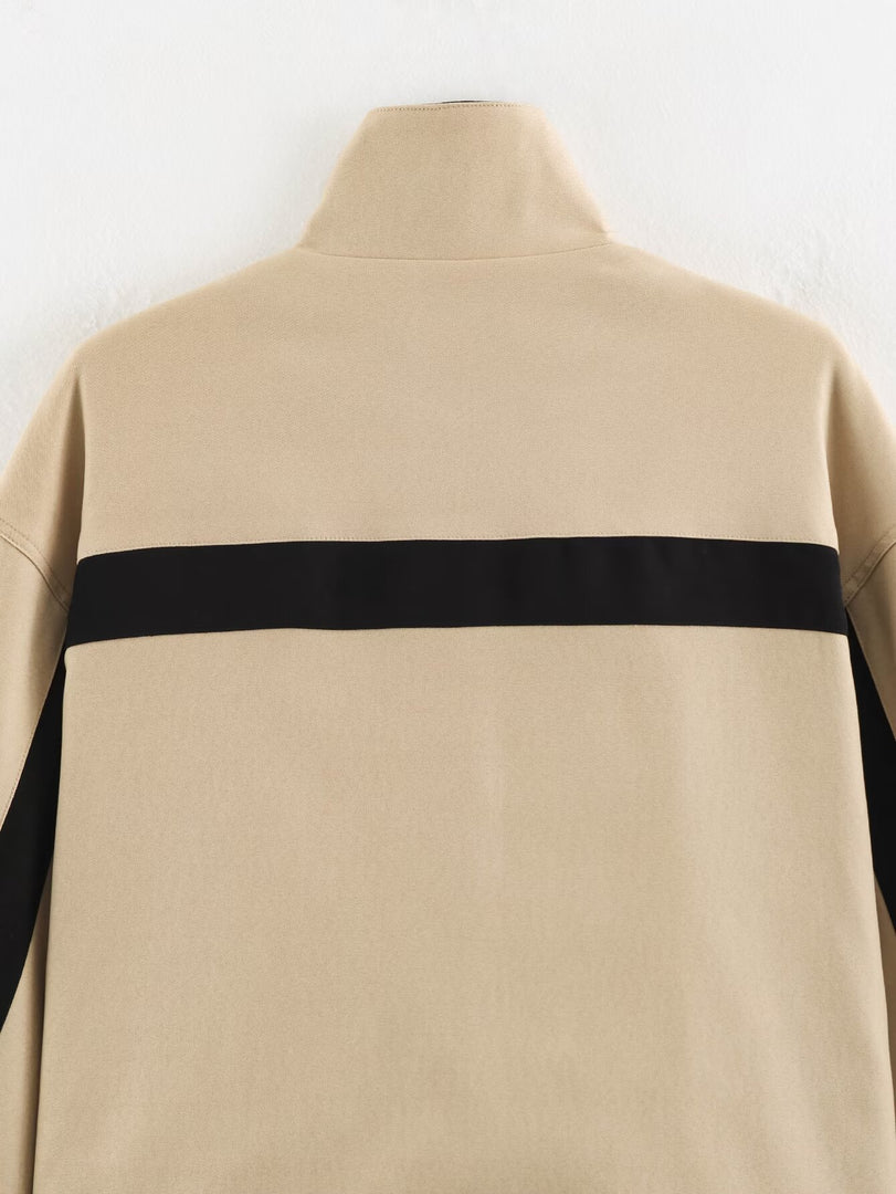Loose Colorblock Stand Collar Zip Jacket Women Khaki N6H126