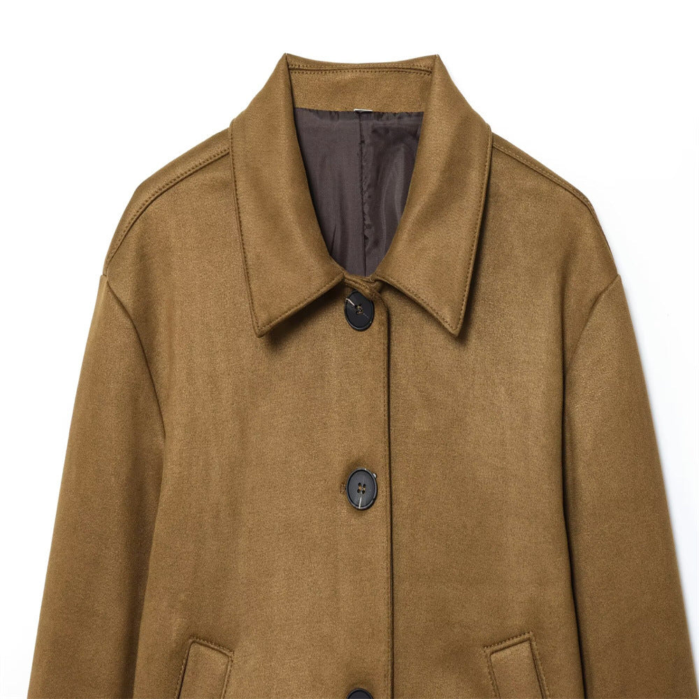 Loose Casual Suede Effect Jacket Women Khaki N5A400