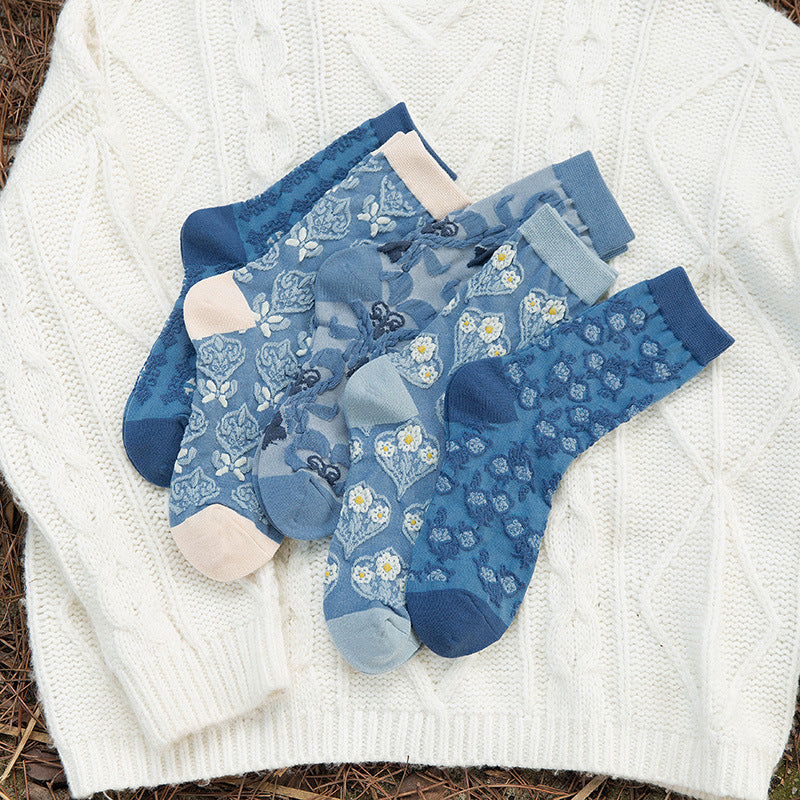 Vintage Blue Ethnic Style Mid-Calf Cotton Socks Women N6H020
