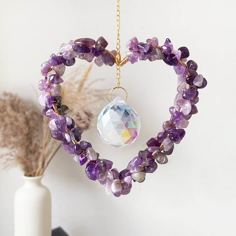 Natural Crushed Crystal Heart Sun Catcher Decor N6F291
