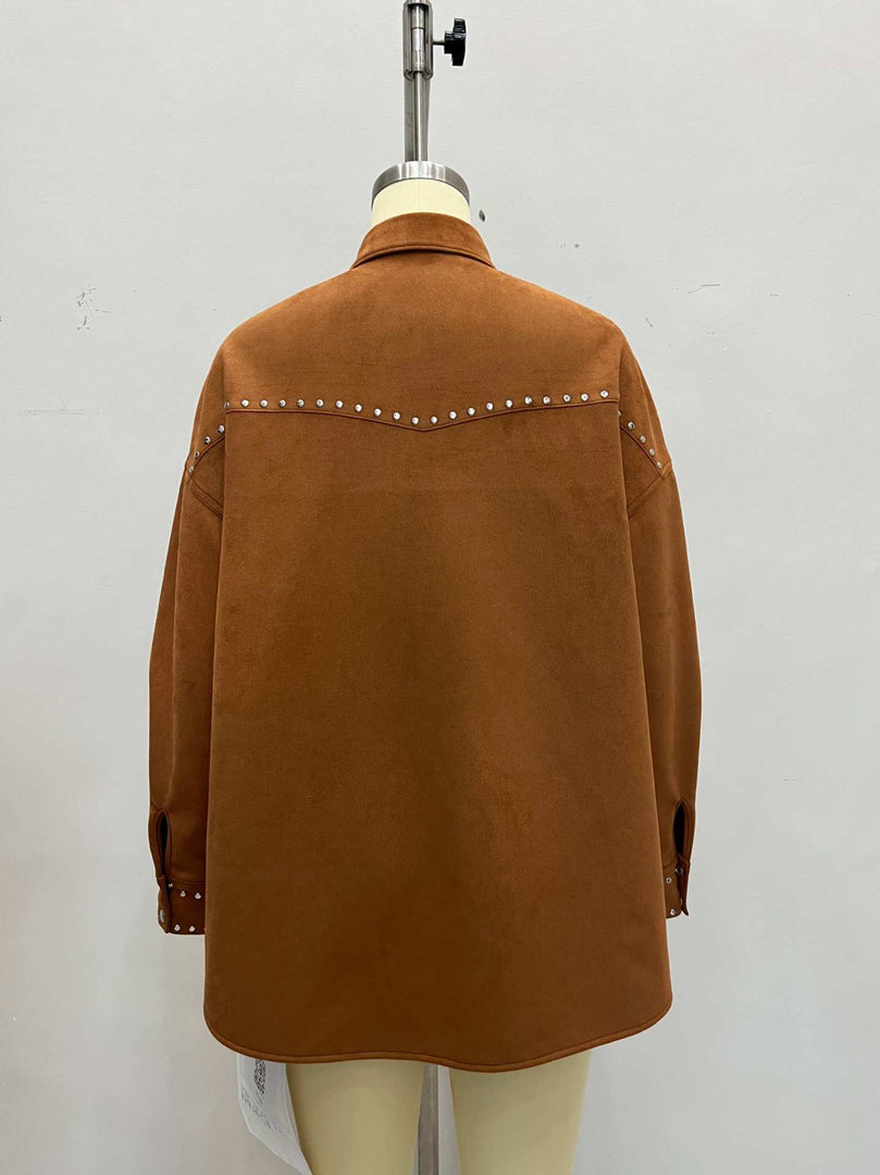 Notch Lapel Rivet Loose Shirt Jacket Women N6C127