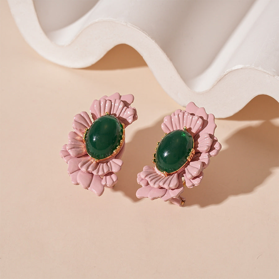 Oval Glass Bead Earrings Floral Motif S5P108