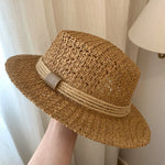 Load image into Gallery viewer, Openweave Flat Top Straw Hat French Retro Vacation N6C370