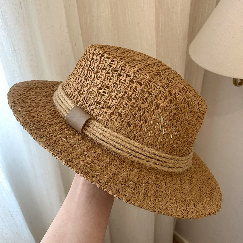 Openweave Flat Top Straw Hat French Retro Vacation N6C370