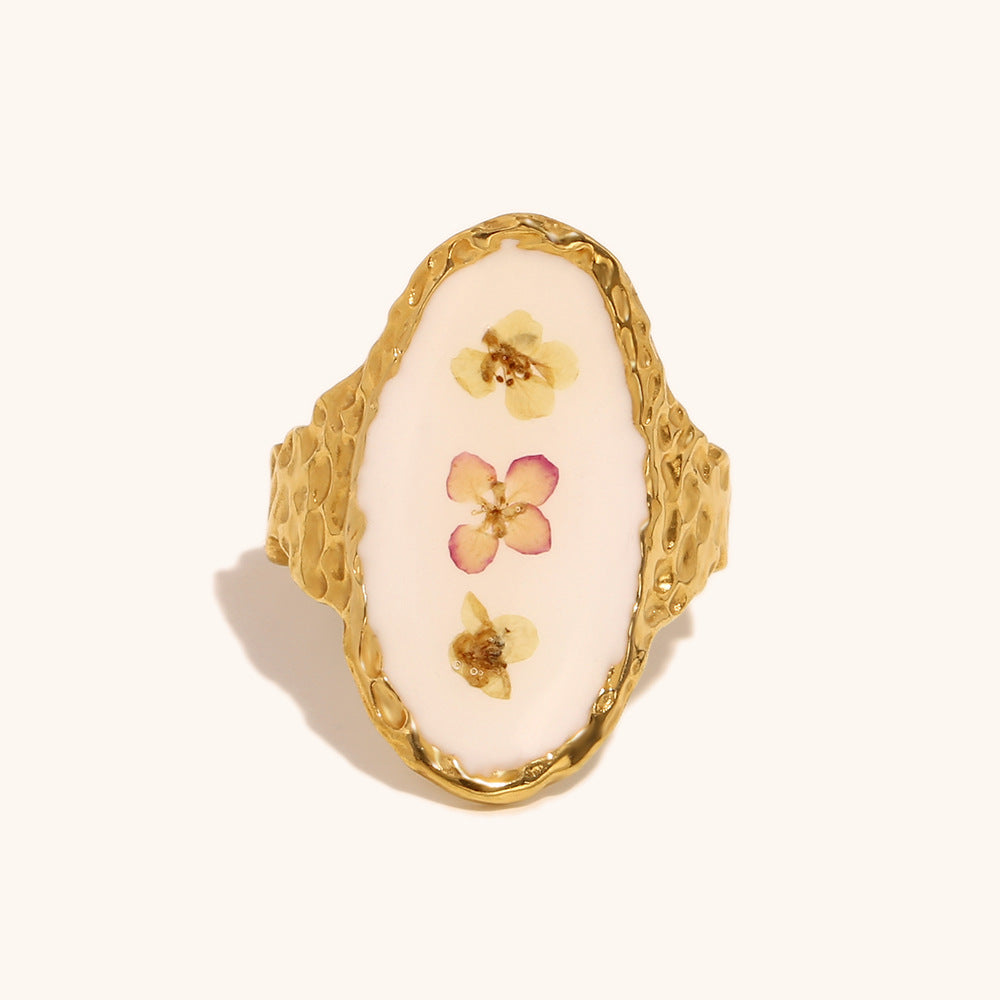 Three Flower Steel Ring 18K Gold French Design Unique S5P004